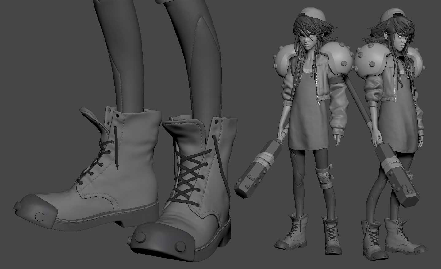 3D model of boots and a character with a gun on a gray background