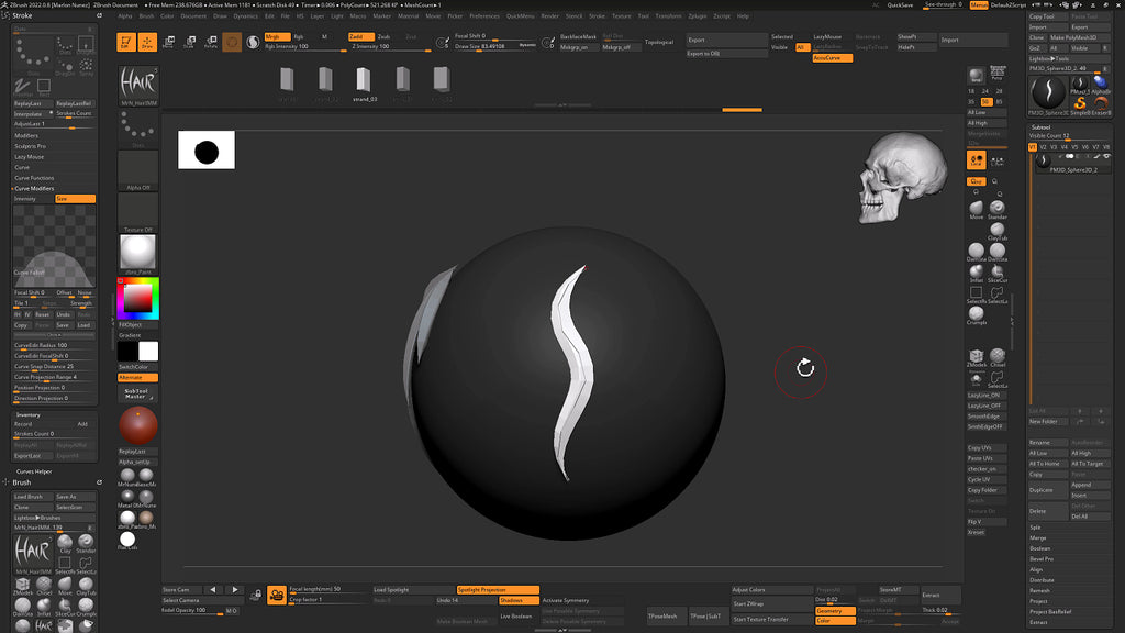 Zbrush interface with a black sphere and white logo on a gray background