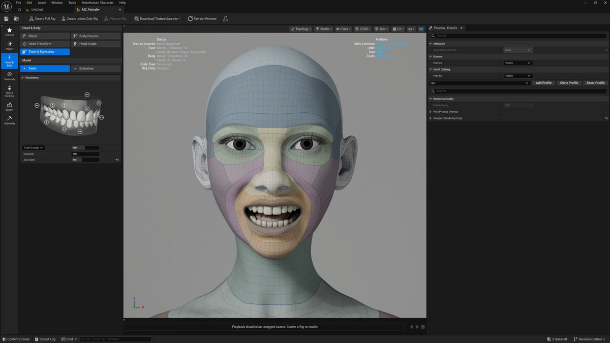 Female MetaHuman basemesh render for building a custom MetaHuman in Unreal Engine 5 – view 7