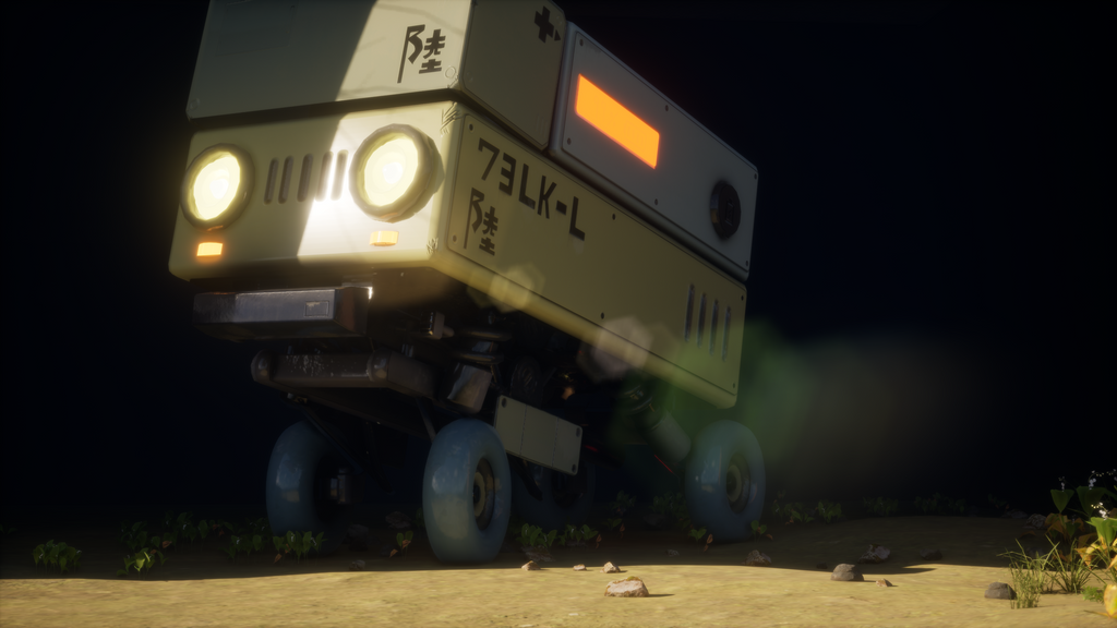 Robotic vehicle with illuminated headlights on a dark background - Unreal Engine 5