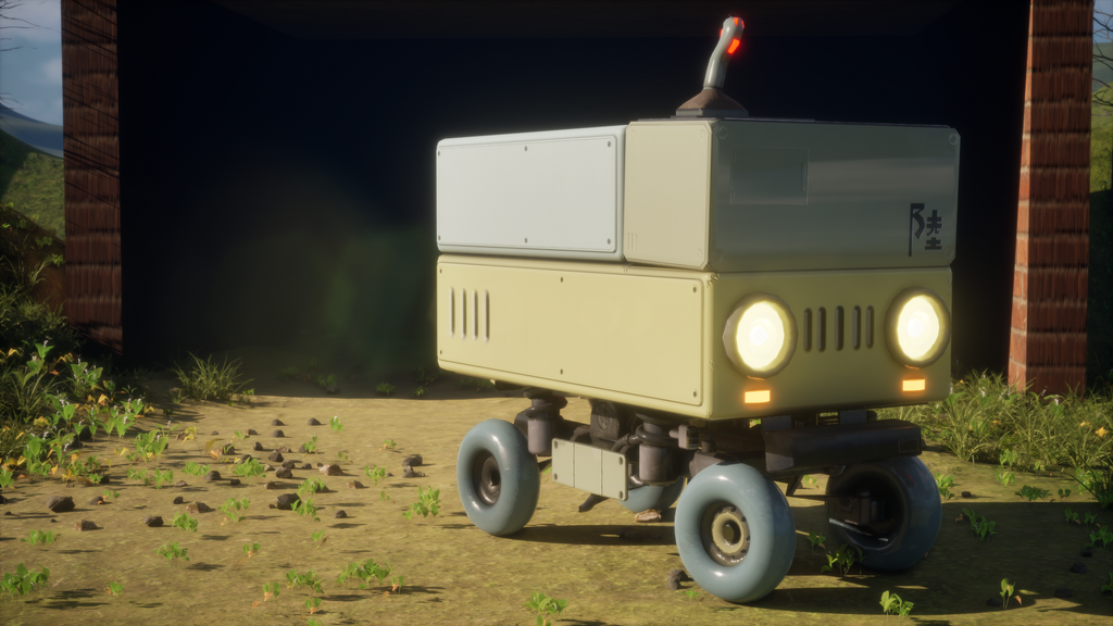 Small vehicle with large wheels on a dirt path at night in Unreal Engine