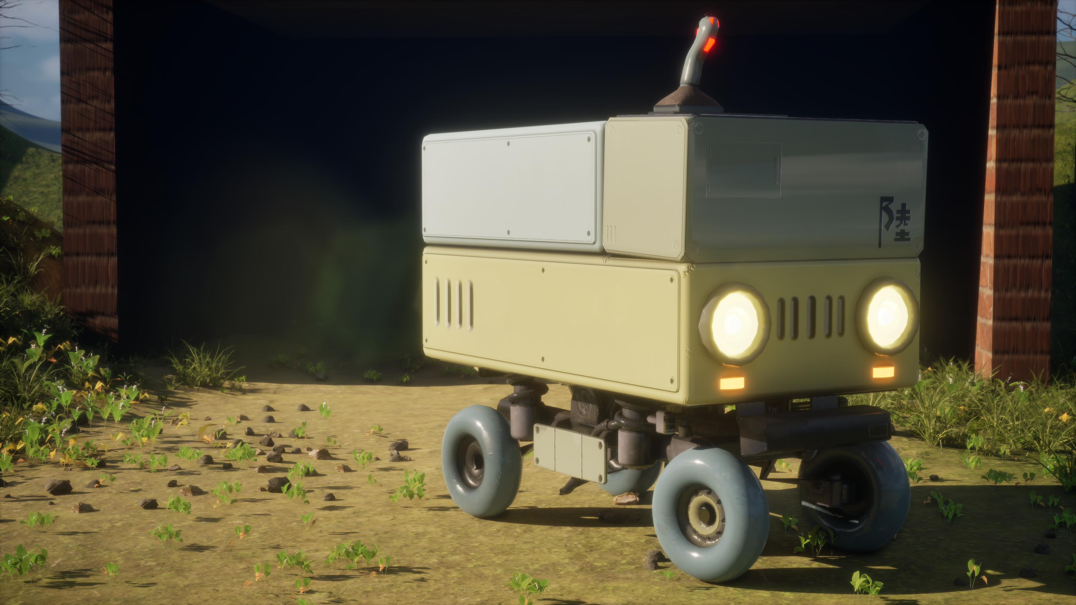 Small vehicle with large wheels on a dirt path at night in Unreal Engine