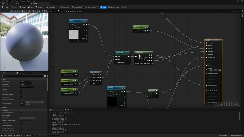 Unreal Engine interface with a node-based workflow for 3D material editing.
