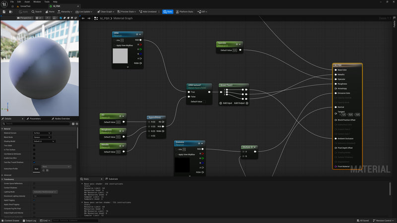 Unreal Engine interface with a node-based workflow for 3D material editing.