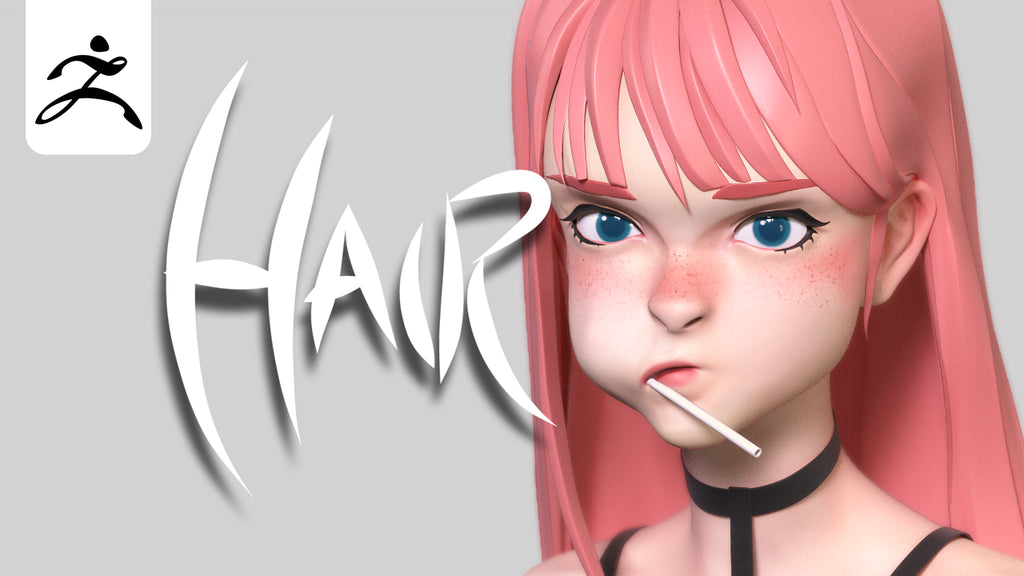 3D animated character with pink hair and a stylized 'HAIR' logo on a gray background