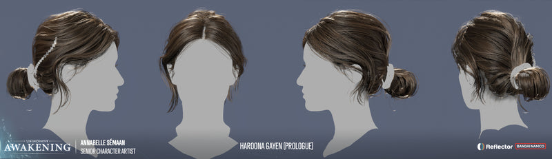 Four views of a woman's head with brown hair styled in a bun, on a gray background.