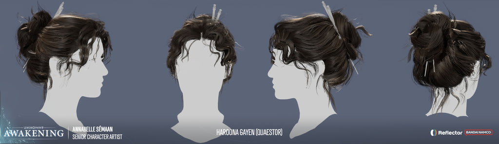 Illustrations of a woman's hairstyle on mannequin heads with 'Awakening' branding.