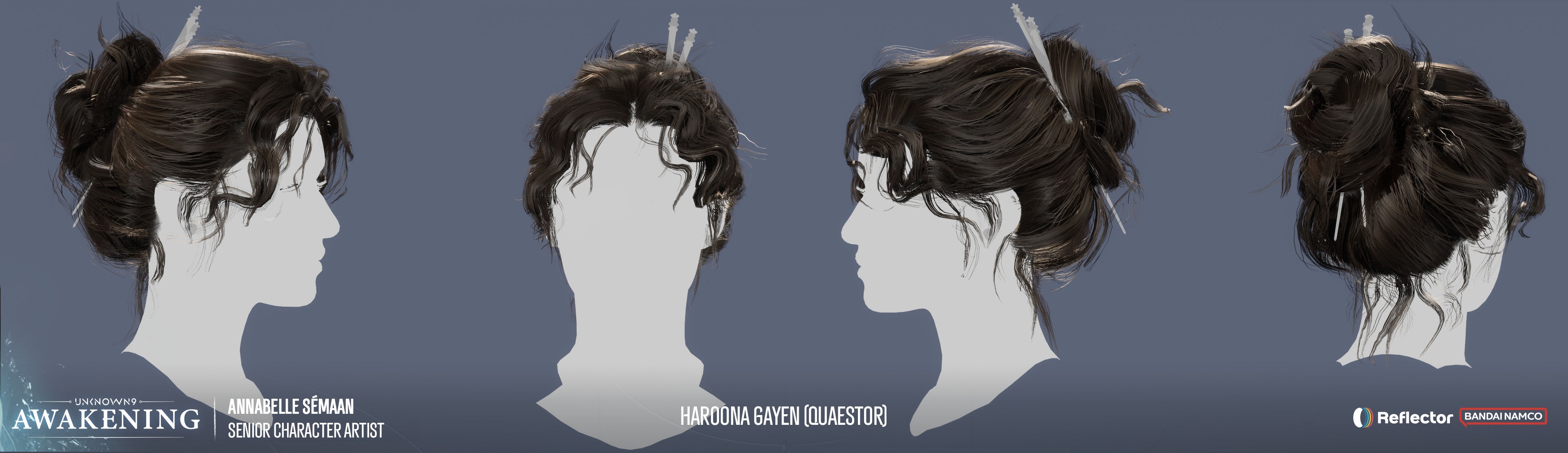 Illustrations of a woman's hairstyle on mannequin heads with 'Awakening' branding.