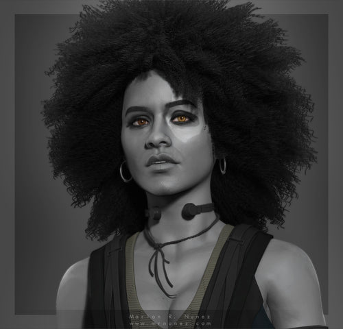Black and white 3D portrait in Zbrush of a person with an afro hairstyle, wearing a harness.