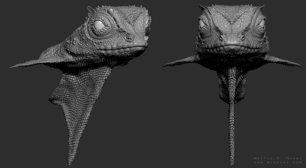 3D model of a lizard head from different angles on a gray background