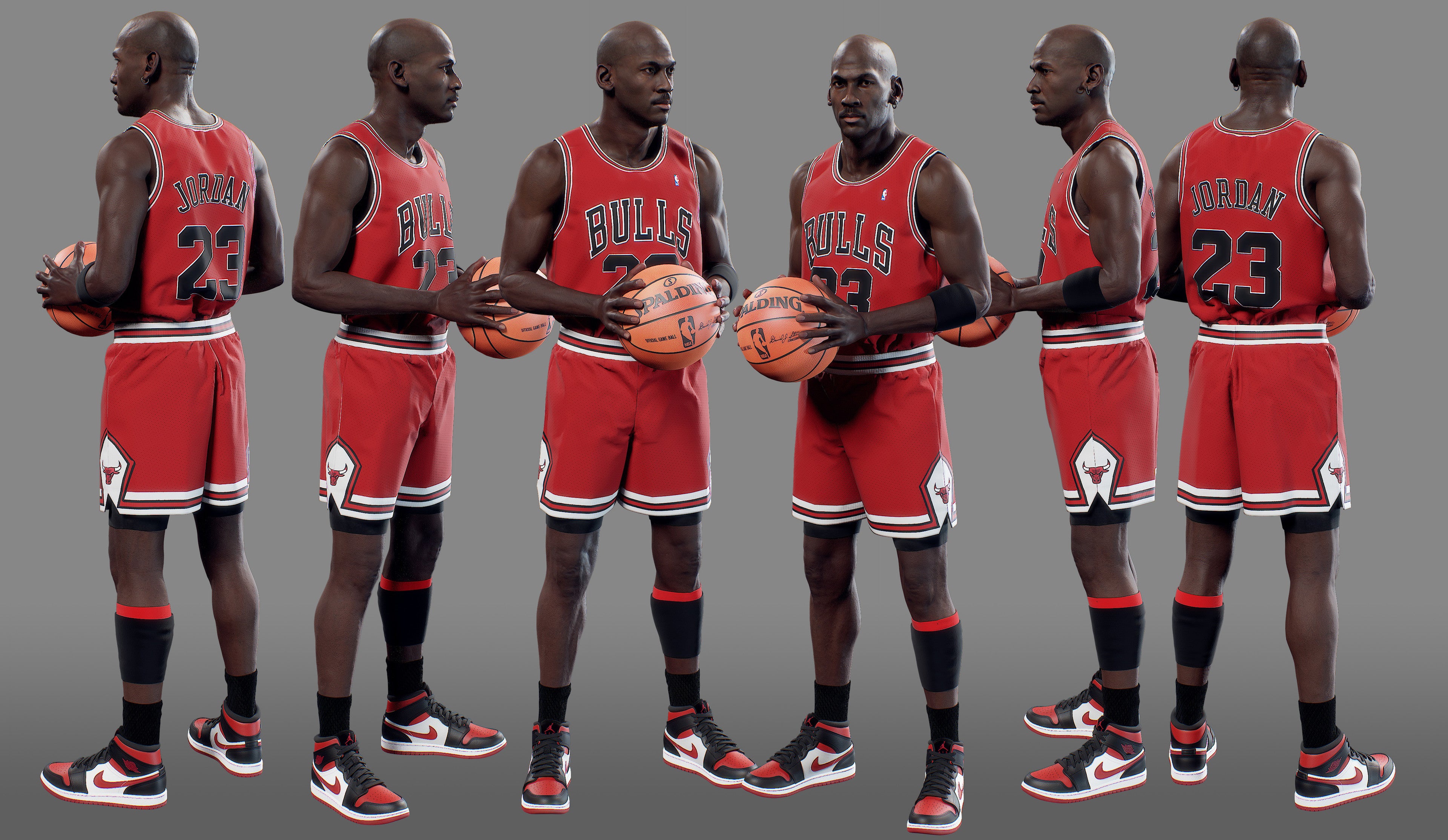 3D turntable of Michael Jordan wearing a red sports jersey with the number 23 on a gray background
