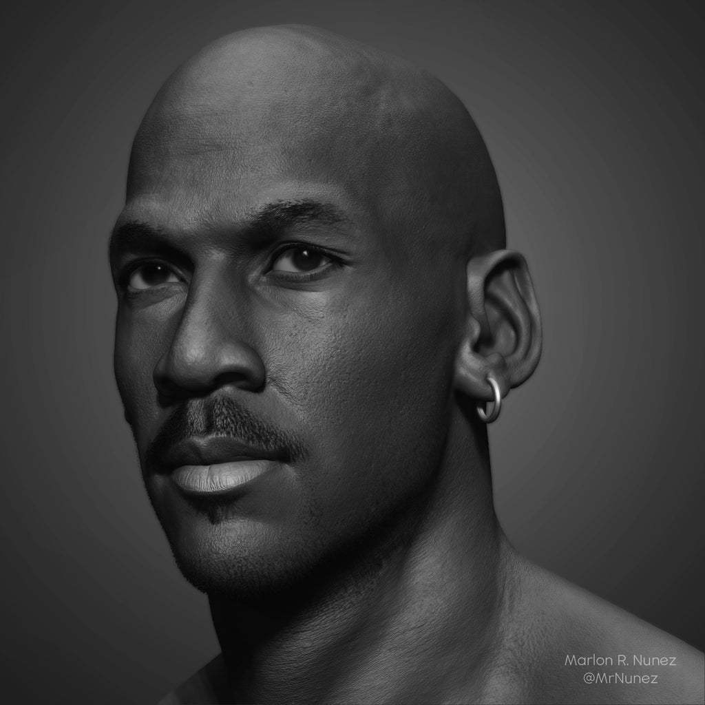 Black and white 3D portrait in Zbrush of a bald man with a minimal background