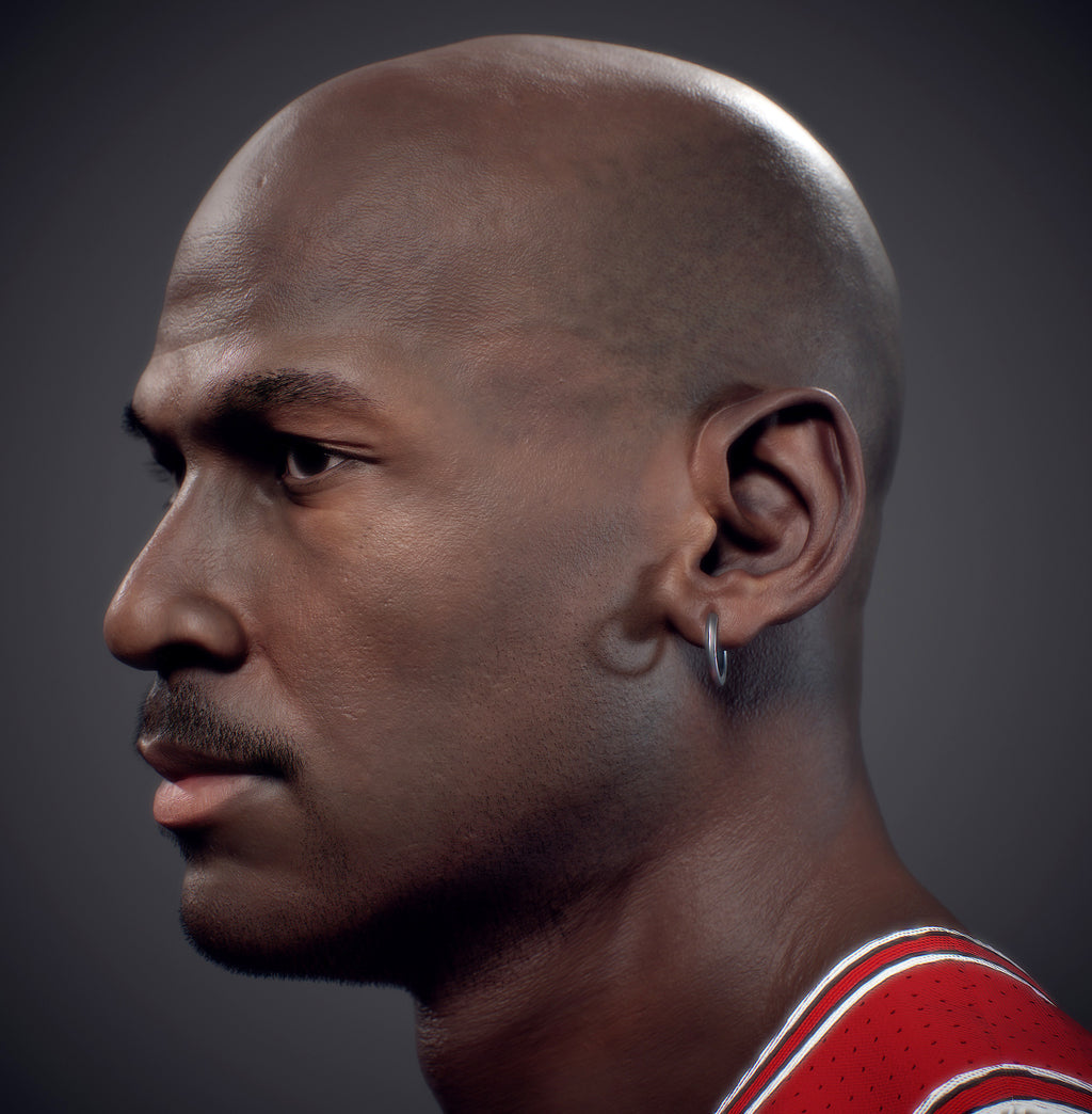 Side profile of a person wearing a red sports jersey on a dark background