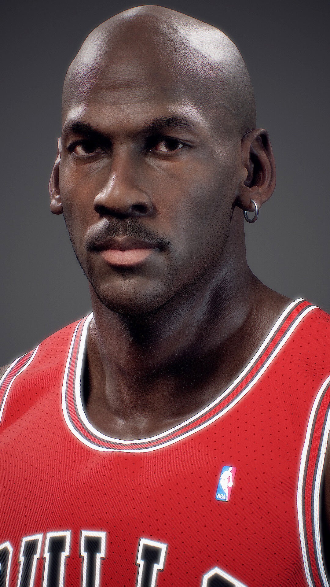 3D Michael Jordan wearing a red sports jersey with a logo on a gray background